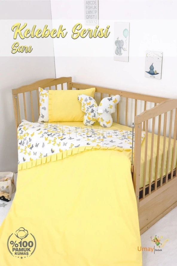 Umaybebek Bebek Nevresim Takımı, Çarşaf - %100 Pamuk-Sarı Kelebek ürün görseli 1