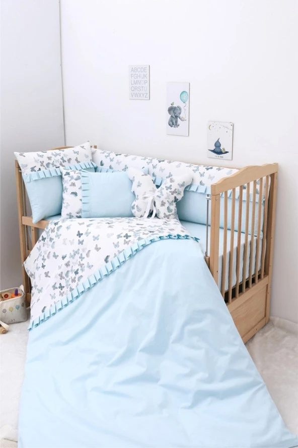 Umaybebek 70x110, Bebek Nevresim Takımı, Dolgu Korumalık, Düz Çarşaf - %100 Pamuk-Yeşil Kelebek ürün görseli 1