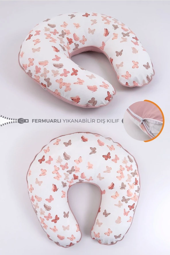 Umaybebek Emzirme Yastığı Minderi, Pamuk Kumaş - Pudra Kelebek- ürün görseli 1