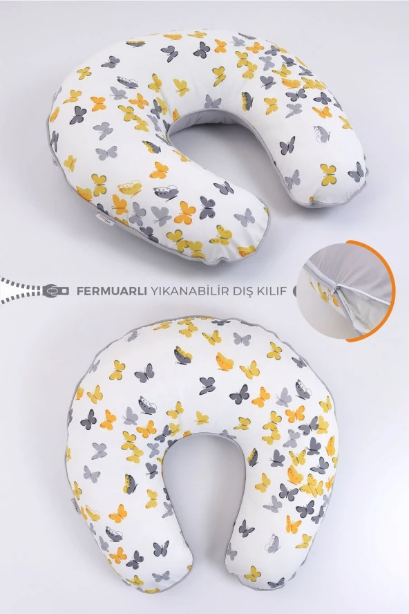Umaybebek Emzirme Yastığı Minderi, Pamuk Kumaş - Sarı Gri Kelebek- ürün görseli 1