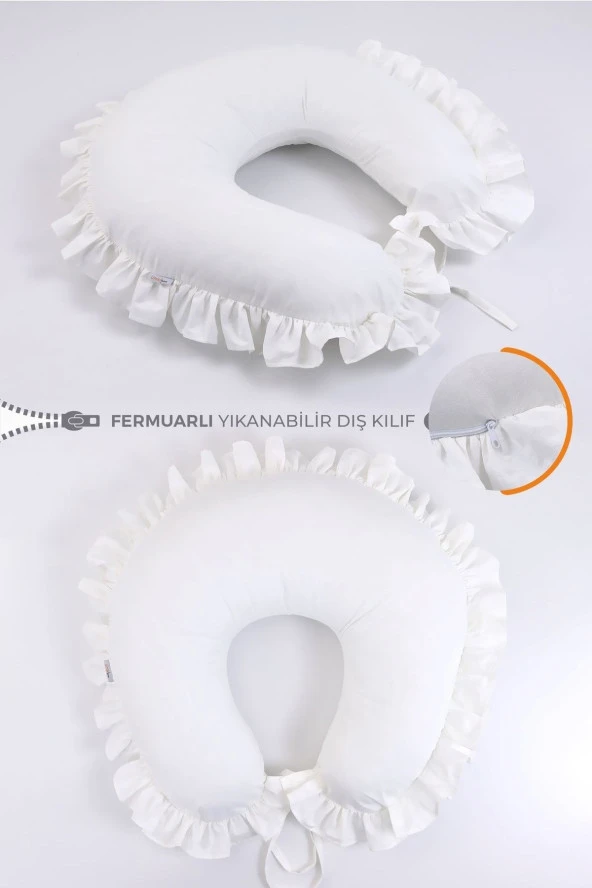 Umaybebek Emzirme Yastığı Minderi, Pamuk Kumaş - Krem Fırfırlı- ürün görseli 1