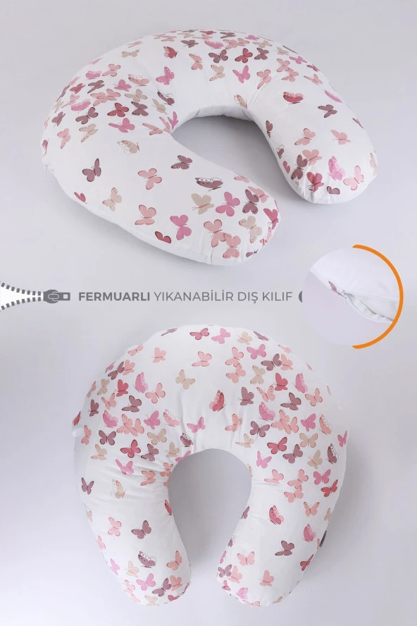 Umaybebek Emzirme Yastığı Minderi, Pamuk Kumaş - Dolgulu Yastık 60x60 Cm-Pudra Kelebek Beyaz ürün görseli 1