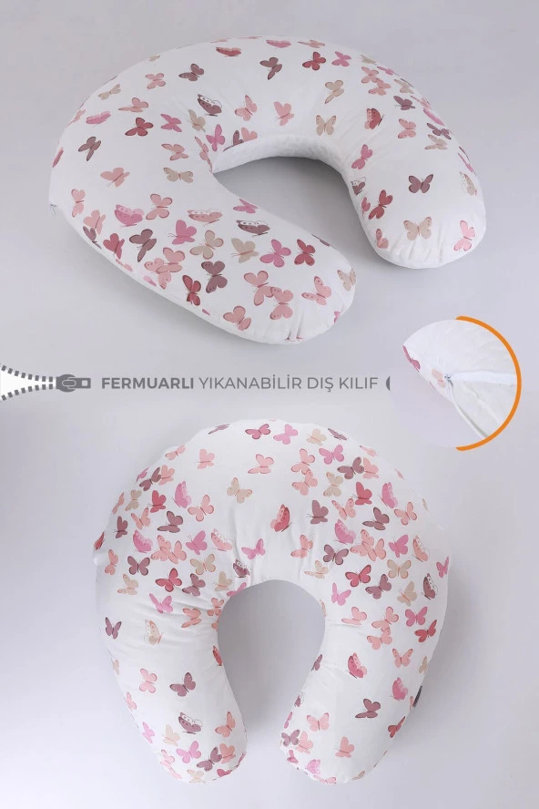 Umaybebek Emzirme Yastığı Minderi, Pamuk Kumaş - Dolgulu Yastık 60x60 Cm-Pudra Kelebek Dokulu ürün görseli 1