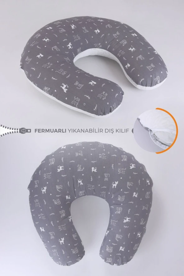 Umaybebek Emzirme Yastığı Minderi, Pamuk Kumaş - Dolgulu Yastık 60x60 Cm-Gri Kedi Dokulu ürün görseli 1