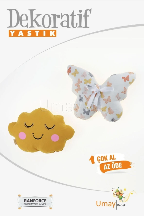 Umaybebek Bebek Çocuk Odası Dekoratif Yastık, Kelebek Yastık, Bulut Yastık, Dekor Yastık, Uyku Arkadaşı - Gözü Kapalı Kelebek - Hardal ürün görseli 1