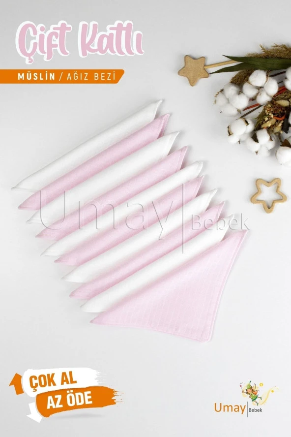 Umaybebek 10'lu Müslin Ağız Bezi Mendili 25x25cm-Pembe Beyaz ürün görseli 1