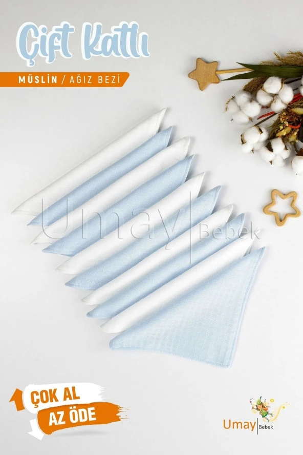 Umaybebek 10'lu Müslin Ağız Bezi Mendili 25x25cm-Mavi Beyaz ürün görseli 1