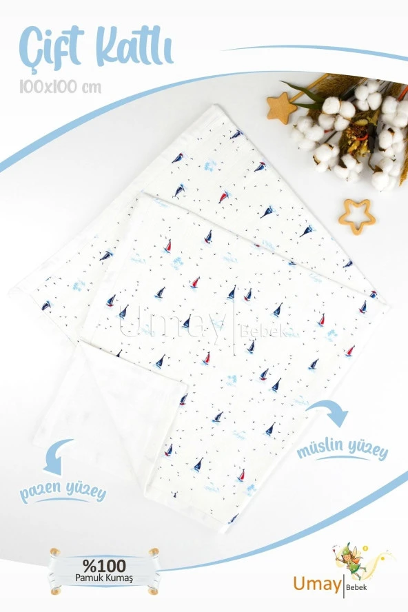 Umaybebek 100x100 Cm, Organik Çift Katlı Müslin Bebek Pikesi, Battaniyesi-Yelken ürün görseli 1