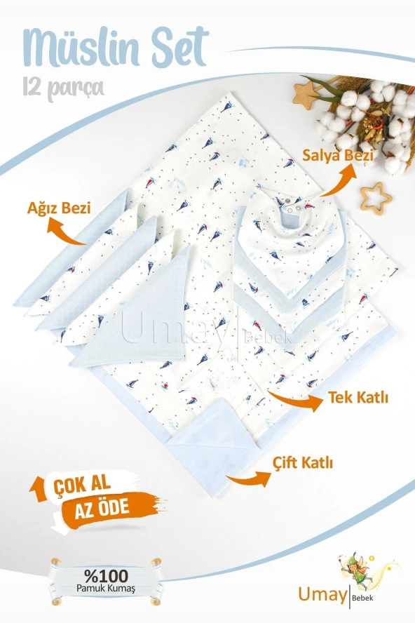 Umaybebek 12 Parça Organik Müslin Bebek Pikesi, Battaniyesi, Ağız Bezi, Salya Bezi, Önlük-Mavi Yelken ürün görseli 1