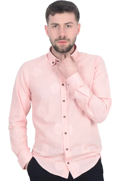 Cengiz İnler Yaka Düğmeli Nakış Desen Erkek Slimfit Gömlek ürün görseli 1