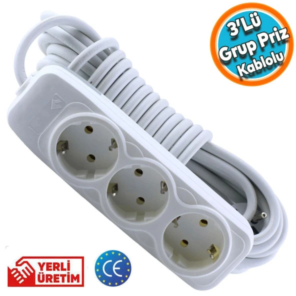 3'lü Grup Priz Anahtarsız Topraklı 5 Metre Seyyar Ara Kablolu Uzatma Kablolusu Üçlü Piriz ürün görseli 1