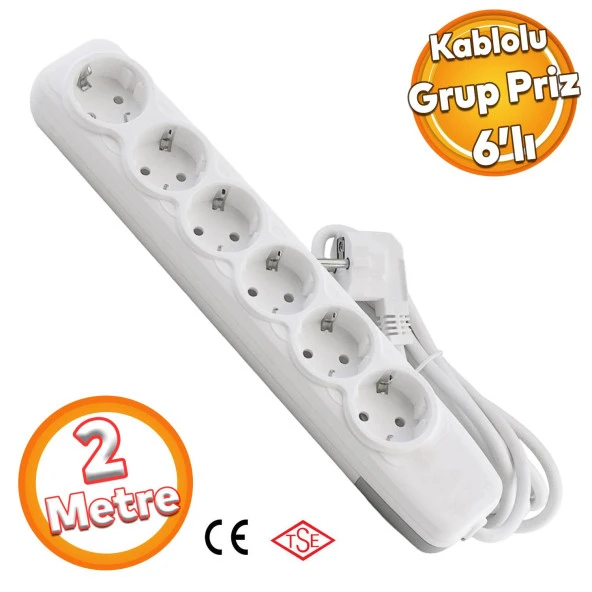 Kablolu 6'lı Topraklı Grup Priz Fiş Çoğaltıcı 2 Metre Çoklu Asmalı Uzatma Kablosu Anahtarsız ürün görseli 1