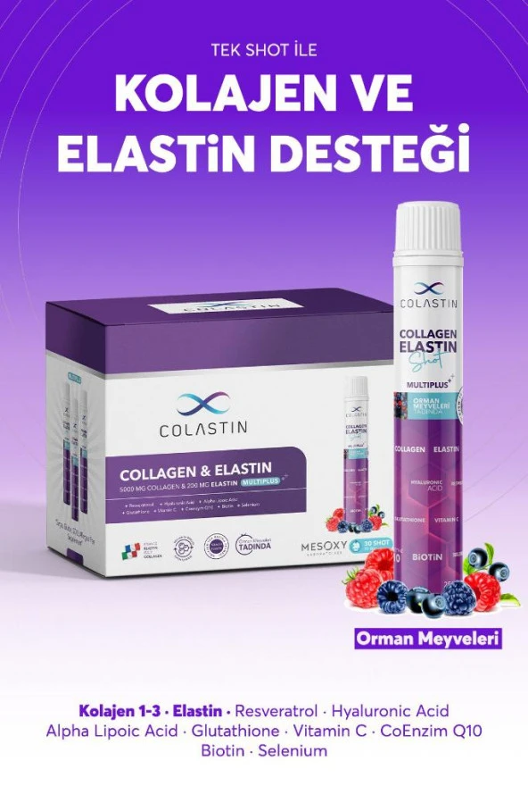 Colastin Multi Plus 30 Shot · 5000 Mg Kolajen ve 200 Mg Elastin · Saç, Cilt, Tırnak ve Vücut · Orman Meyveleri ürün görseli 1