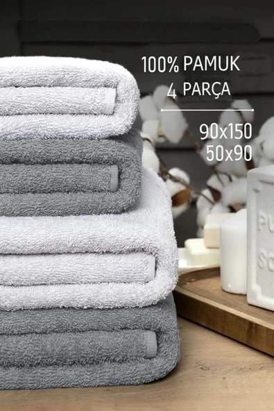 4 Parça %100 Pamuklu Büyük Banyo Havlusu Seti 90x150 cm Softbath Beyaz ürün görseli 1