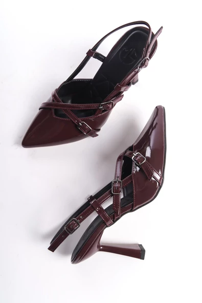 İkpar Mary Jane Bordo Rugan İki Bantlı Stiletto Sivri Yüksek Topuklu Ayakkabı ürün görseli 1