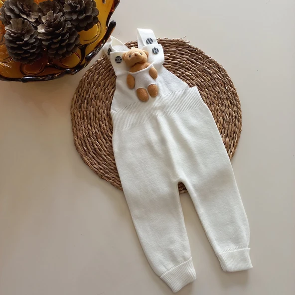 MARS BABY Kız Bebek Triko Oyuncak Ayılı Salopet Ekru ürün görseli 1