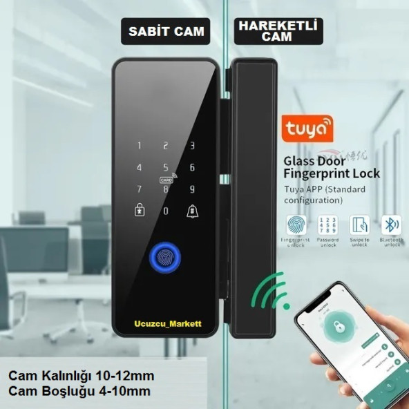Akıllı Cam Kapı Kilidi (Parmak Izi + Şifre + Kart + Bluetooth Ile Açma) ürün görseli 1