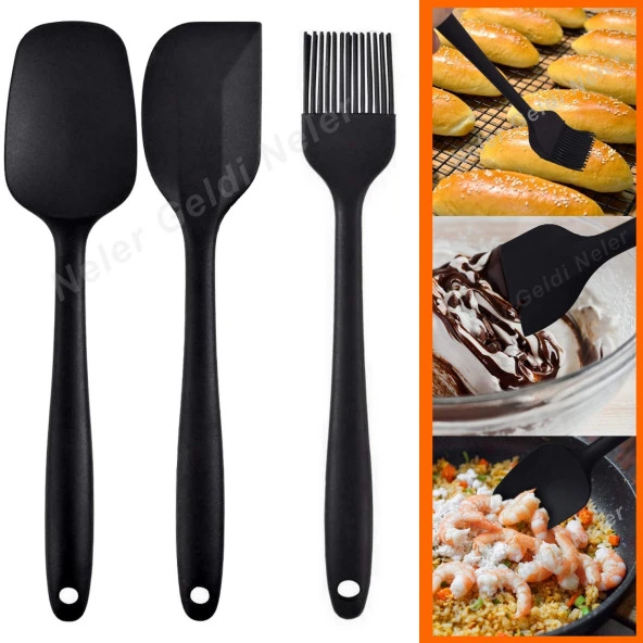 Isıya Dayanıklı Yanmaz Yapışmaz Silikon Spatula Seti 3 Parça Siyah Yumurta Fırçası Hamur Fırçası ürün görseli 1