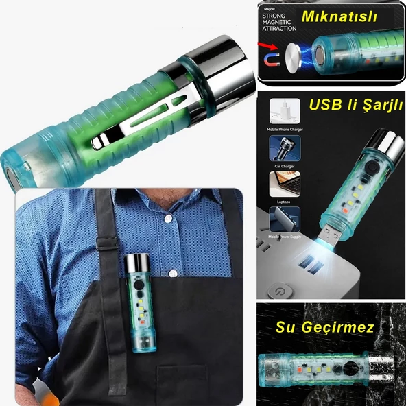 Led Usb Şarjlı Ultra Güçlü El Feneri Su Geçirmez Flaşörlü Kırmızı Işıklı Mıknatıslı  Kamp Feneri ürün görseli 1