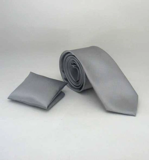 Gri Slim Fit (ince) Düz Renk Mendilli Saten Kravat - SS-04 ürün görseli 1