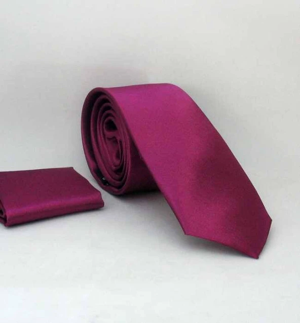 Mürdüm Slim Fit (ince) Düz Renk Mendilli Saten Kravat - SS-06 ürün görseli 1