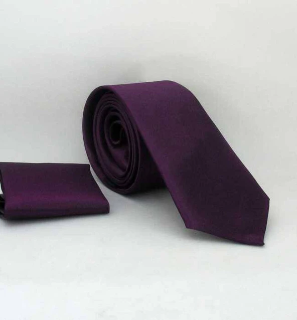 Koyu Mor Slim Fit (ince) Düz Renk Mendilli Saten Kravat - SS-21 ürün görseli 1