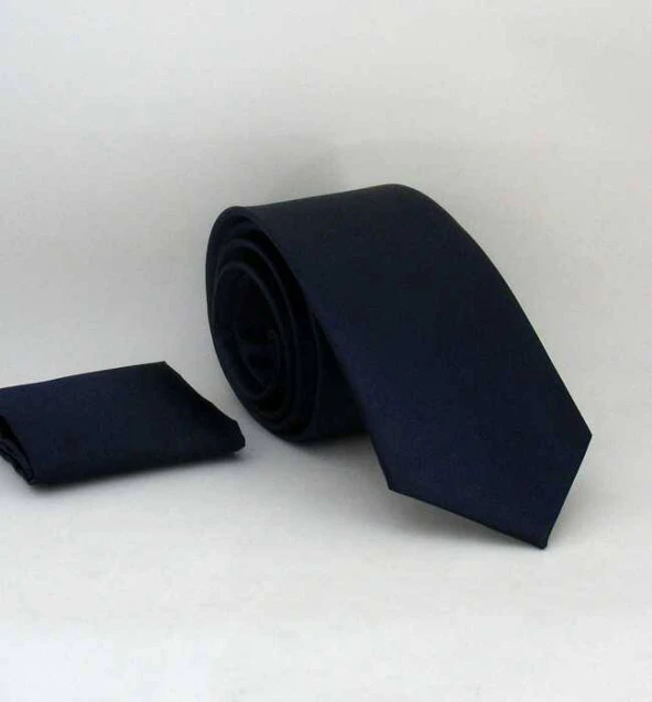 Lacivert Slim Fit (ince) Düz Renk Mendilli Saten Kravat - SS-24 ürün görseli 1