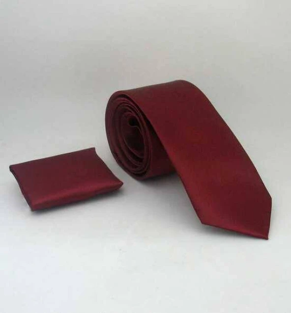 Bordo Slim Fit (ince) Düz Renk Mendilli Saten Kravat - SS-37 ürün görseli 1