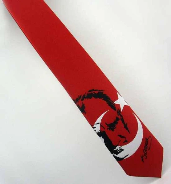Ay-Yıldız ve Atatürk Desenli Dokuma Kırmızı Kravat - AK-06 ürün görseli 1