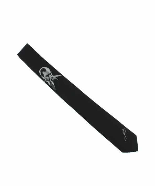 Atatürk ve İmza Desenli Dokuma Siyah Kravat - AK-11 ürün görseli 1