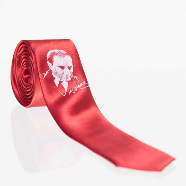 Çocuk Boy Atatürk ve İmza Baskılı Saten Kırmızı Kravat - CK-28 ürün görseli 1