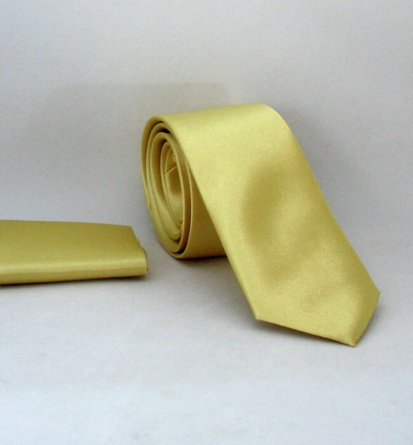 Açık Gold Slim Fit (ince) Düz Renk Mendilli Saten Kravat - SS-36 ürün görseli 1