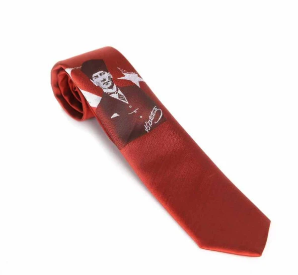 Atatürk ve İmza Desenli Dokuma Kırmızı Kravat - AK-14 ürün görseli 1