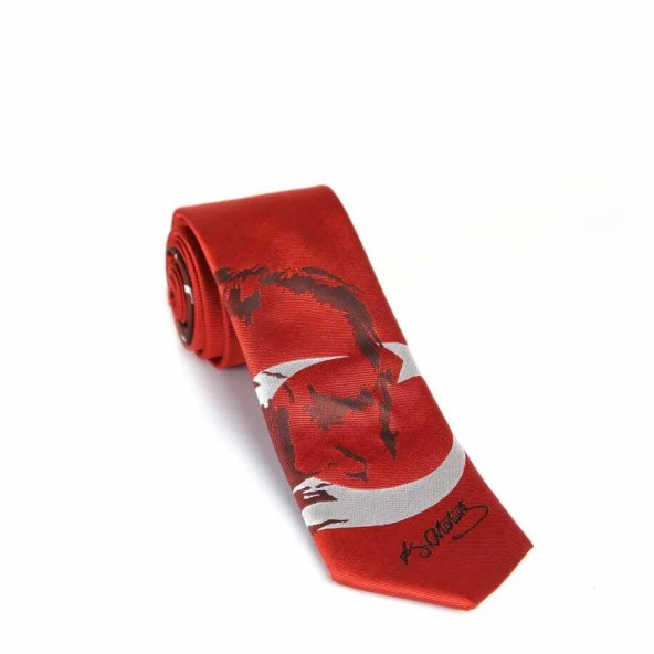 Ay-Yıldız ve Atatürk Desenli Dokuma Kırmızı Kravat - AK-06 ürün görseli 1