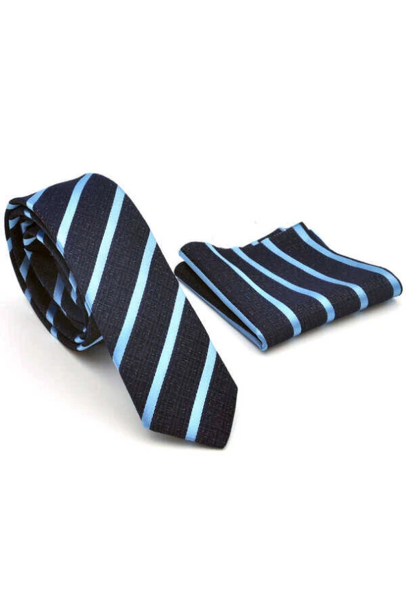 Mavi Verev Çizgili Lacivert Dokuma Kumaş Mendilli Slim Fit Kravat  / SDK-220702 ürün görseli 1