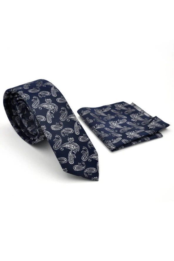 Beyaz Şal Desenli Lacivert Dokuma Kumaş Mendilli Slim Fit Kravat  / SDK-230209 ürün görseli 1