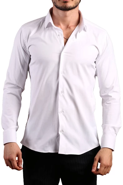 Beyaz Ekstra Dar Kesim Likralı Esnek Micro Kumaş Kol Düğmeli Slim Fit Erkek Gömlek - 195-1 ürün görseli 1