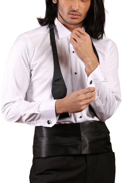 Beyaz Siyah Taş Düğmeli Damatlık Ata Yaka Kol Düğmeli Slim Fit Smokin Gömlek - 006 ürün görseli 1