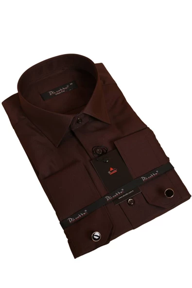 Kahverengi Dar Kesim Micro Kumaş Kol Düğmeli Slim Fit Erkek Gömlek - 201-11 ürün görseli 1