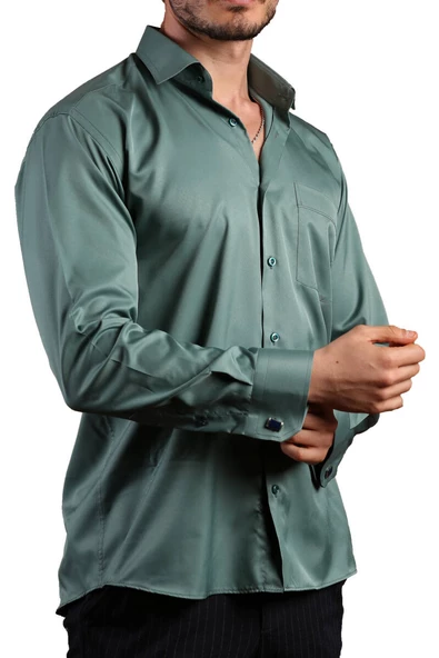 Haki Yeşil Büyük Beden Rahat Kesim Micro Kumaş Kol Düğmeli Regular Fit Erkek Gömlek - 190-19 ürün görseli 1
