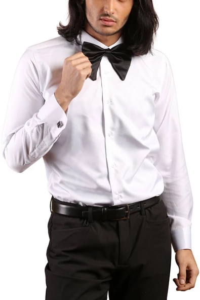 Beyaz Gizli Pat Damatlık Ata Yaka Kol Düğmeli Slim Fit Smokin Gömlek - 001 ürün görseli 1