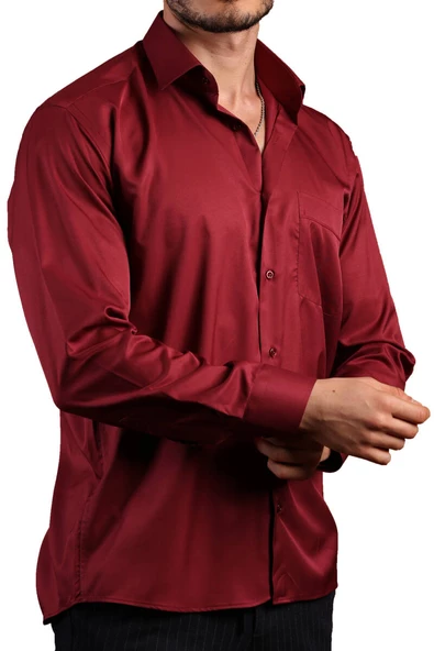 Bordo Büyük Beden Rahat Kesim Micro Kumaş Kol Düğmeli Regular Fit Erkek Gömlek - 190-13 ürün görseli 1