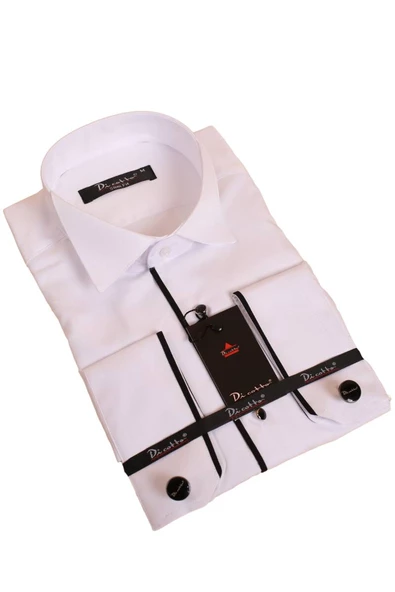 Beyaz Siyah Tek Bieli Damatlık Ata Yaka Kol Düğmeli Slim Fit Smokin Gömlek - 027 ürün görseli 1