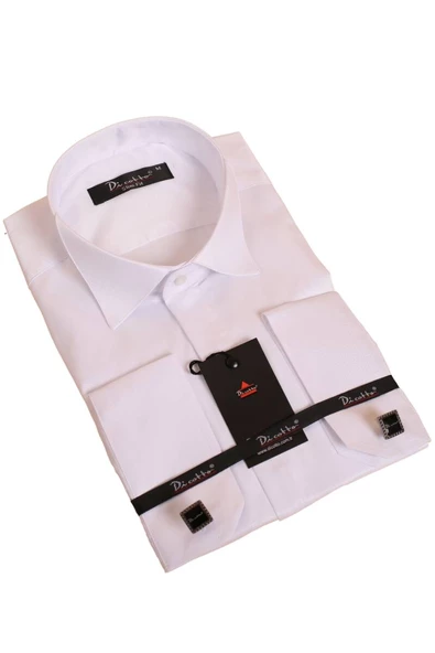 Beyaz Gizli Düğmeli Damatlık Ata Yaka Kol Düğmeli Slim Fit Smokin Gömlek - 001 ürün görseli 1