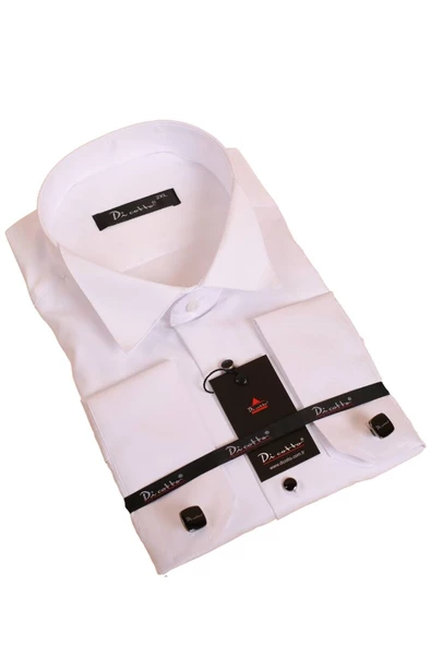 Beyaz Büyük Beden Siyah Taş Düğmeli Damatlık Ata Yaka Kol Düğmeli Slim Fit Smokin Gömlek - 090 ürün görseli 1