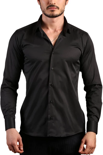 Siyah Ekstra Dar Kesim Likralı Esnek Micro Kumaş Kol Düğmeli Slim Fit Erkek Gömlek - 195-6 ürün görseli 1