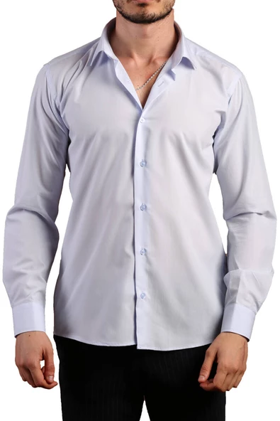 Açık Mavi Dar Kesim Slim Fit Uzun Kol Düz Renk Erkek Gömlek  - 151-3 ürün görseli 1