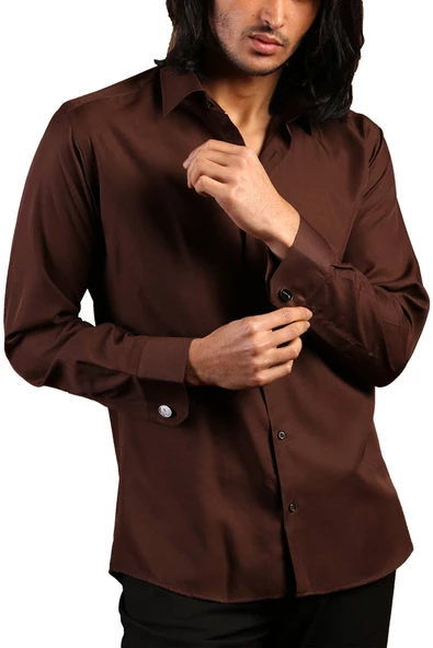 Kahverengi Dar Kesim Micro Kumaş Kol Düğmeli Slim Fit Erkek Gömlek - 201-11 ürün görseli 1