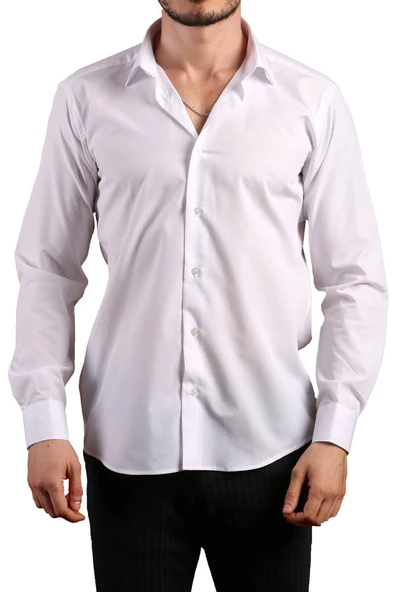 Beyaz Dar Kesim Slim Fit Uzun Kol Düz Renk Erkek Gömlek  - 151-1 ürün görseli 1