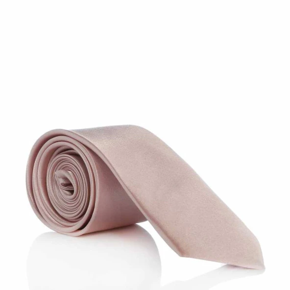 Pudra Pembe Slim Fit (ince) Düz Renk Mendilli Saten Kravat - SS-39 ürün görseli 1